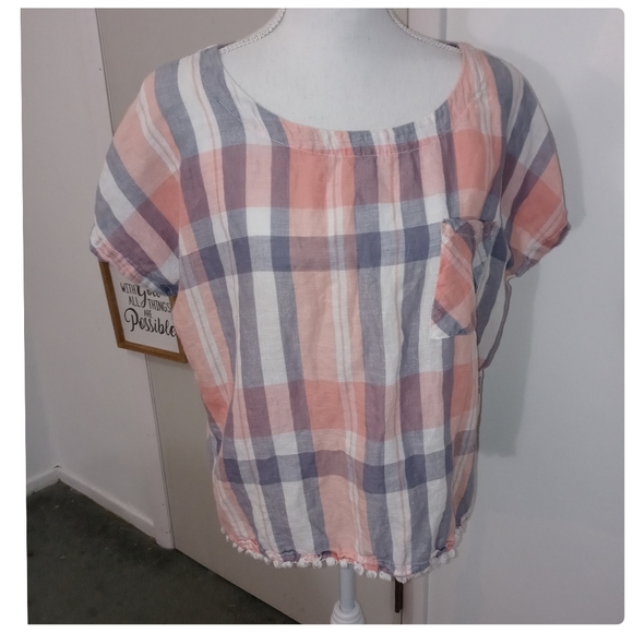 Neutral Check Print Linen Cotton Blend Gray White Peach Orange Top Size Large● - Picture 10 of 16